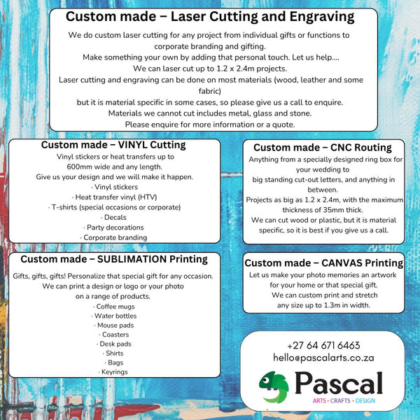Laser Cutting & Engraving, Sublimation & Canvas Printing, CNC Routing, Vinyl Cutting